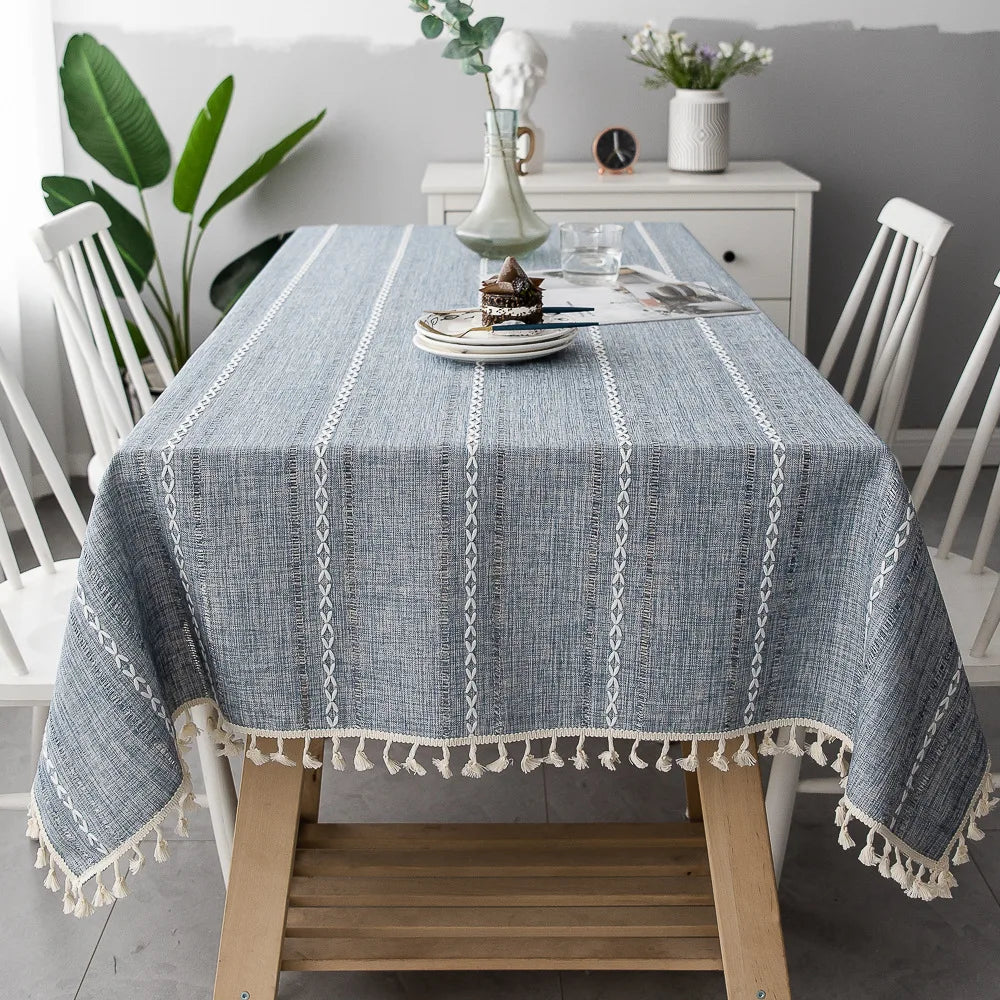 Cotton Linen Stripe Tassel Tablecloth — Stain Resistant Dining Decor