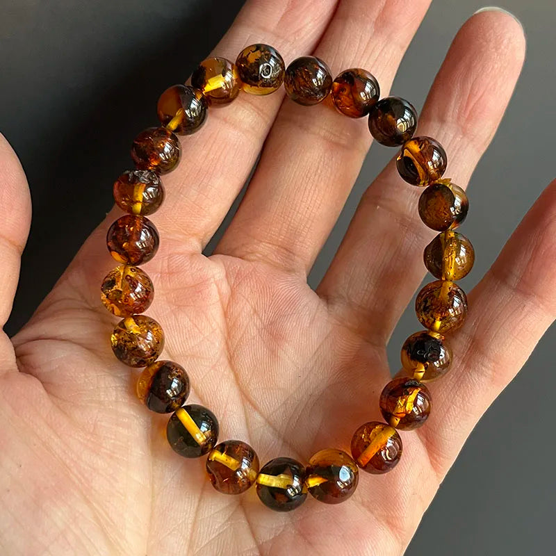 Yoowei Natural Baltic Amber Bracelet — Round Piebald Gemstone Jewelry