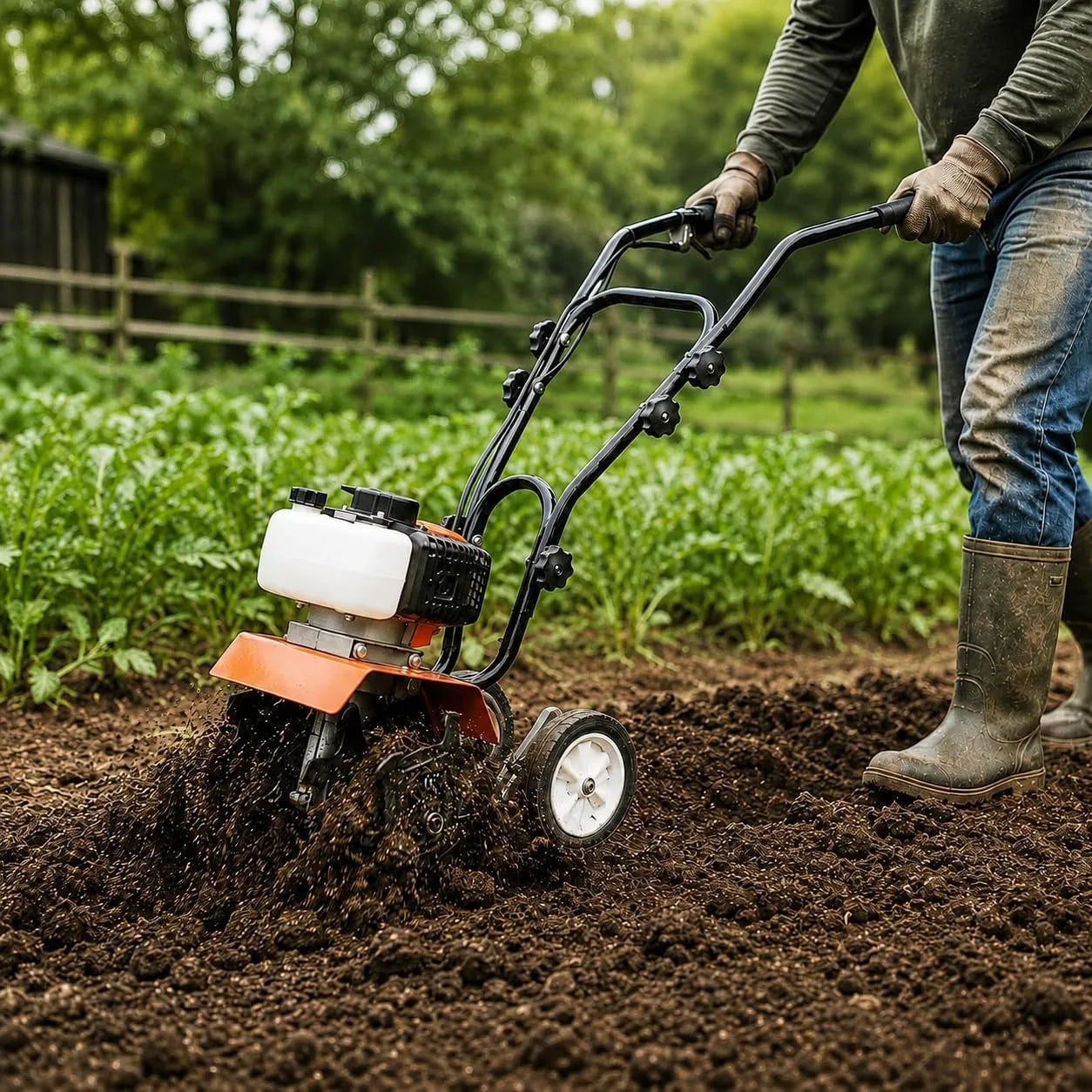 Gas Powered Garden Tiller — 52CC 2-Stroke Engine Soil Cultivator