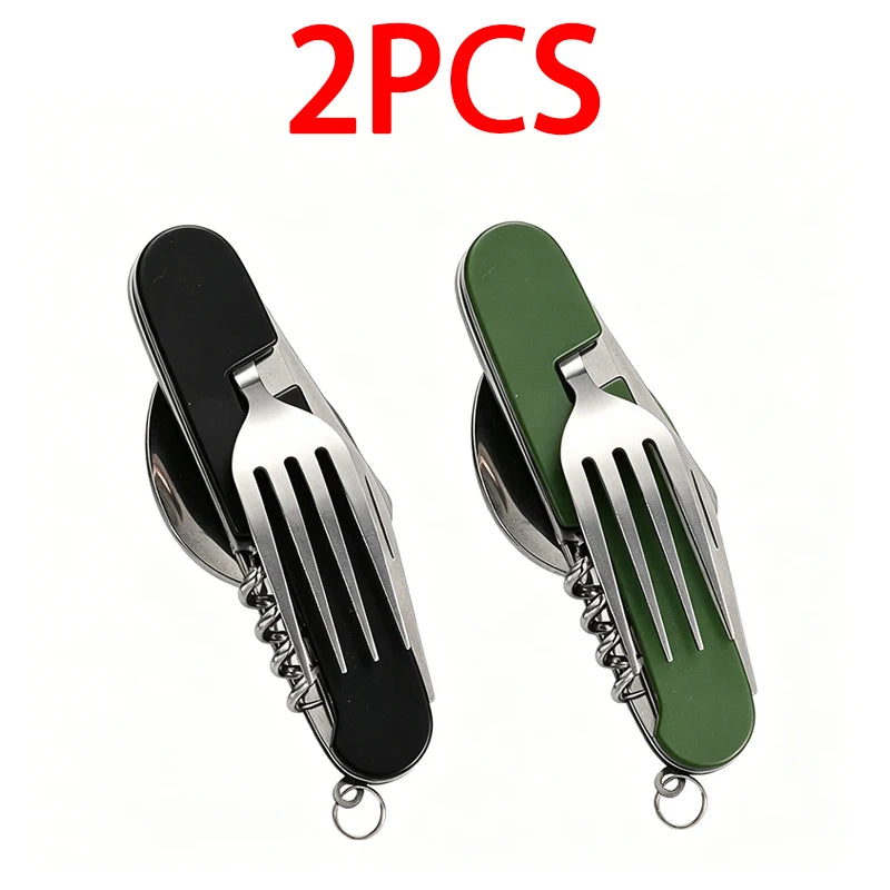 6-in-1 Stainless Steel Camping Cutlery Set — Portable Folding Outdoor Kit