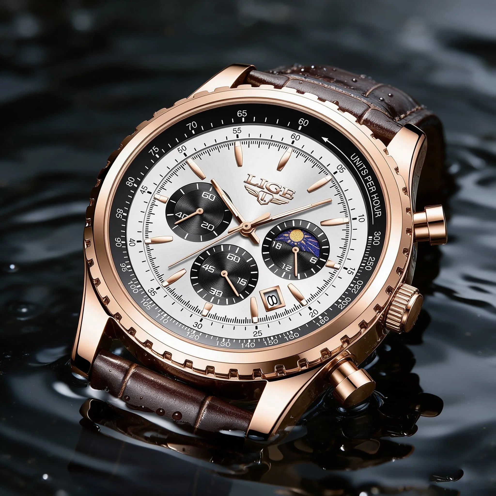 LIGE Luxury Men's Quartz Watch — Waterproof Leather Sport Chronograph