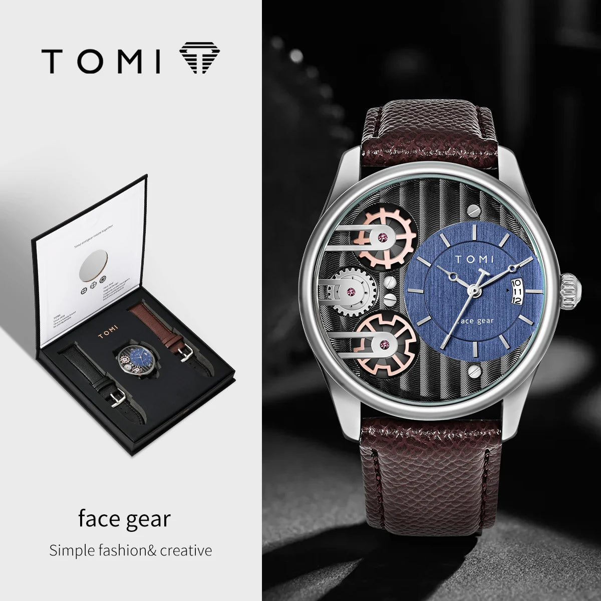 TOMI Men's Luxury Quartz Watch Set — Business Style with Detachable Straps