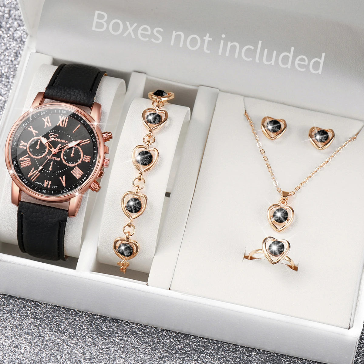 Women's Quartz Watch and Jewelry Set — Elegant Rhinestone Heart Accessories