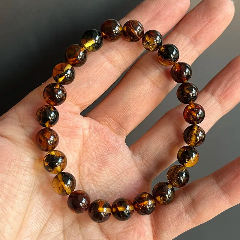 Yoowei Natural Baltic Amber Bracelet — Round Piebald Gemstone Jewelry