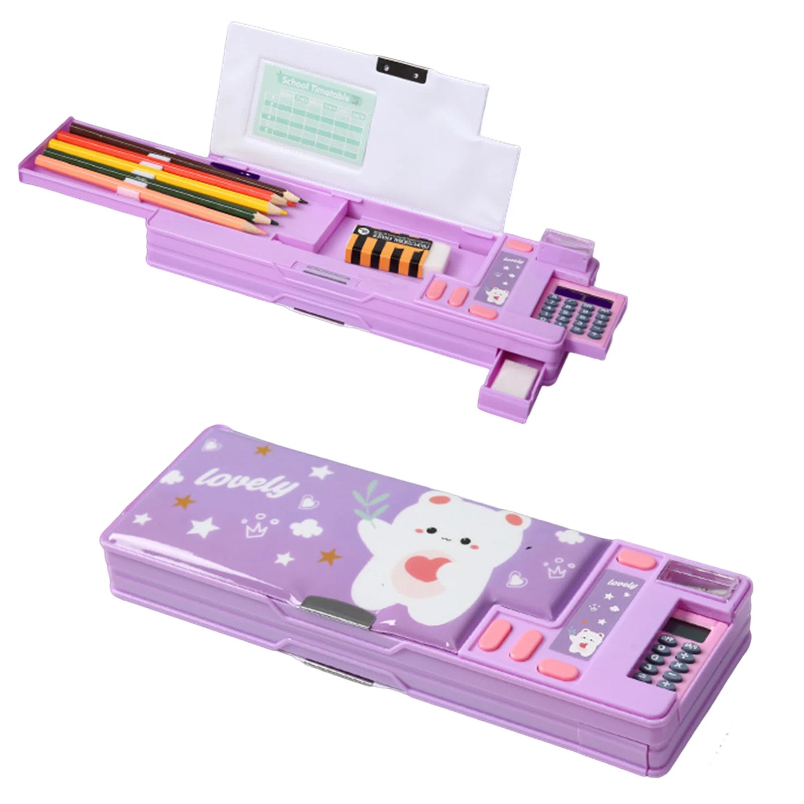 Multifunctional Cartoon Pencil Case — Built-in Calculator & Sharpener