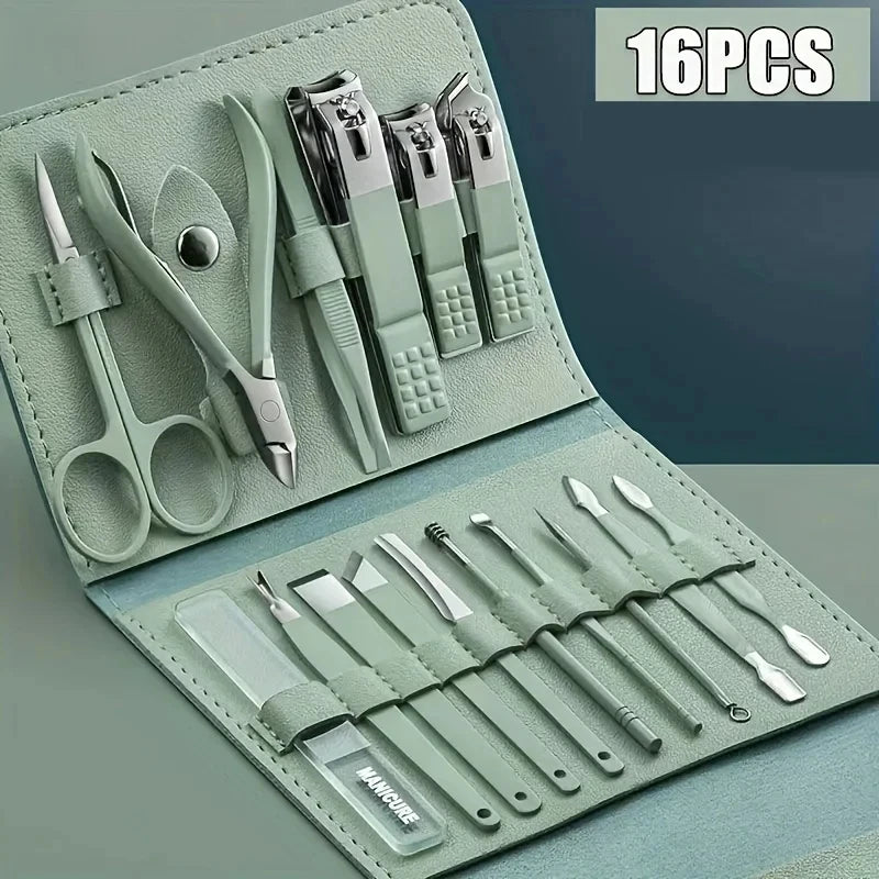 Professional 16-Piece Manicure Set — Stainless Steel Grooming Kit with Leather Case