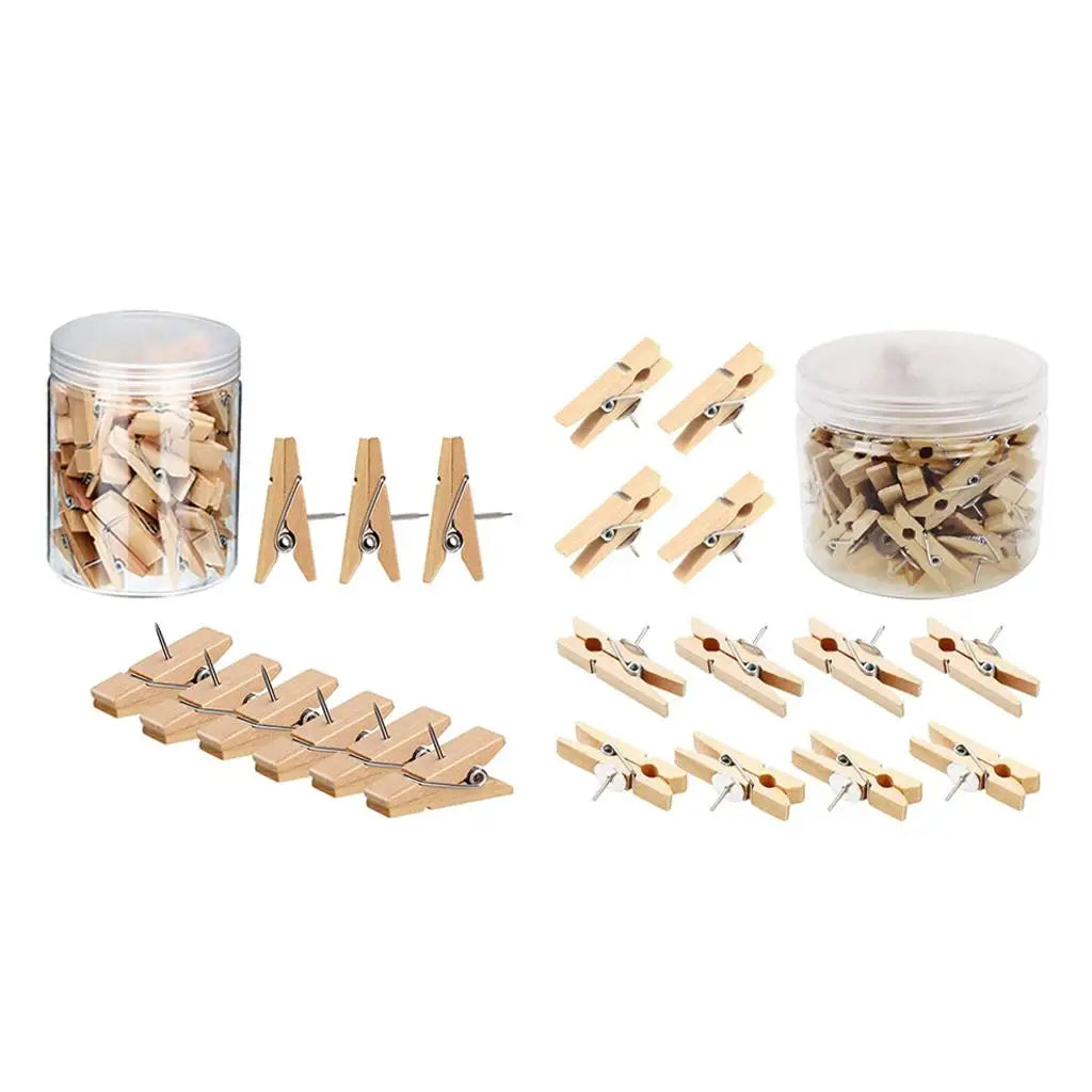 Wooden Photo Clips with Push Pins — Decorative Memo Holder for Corkboards