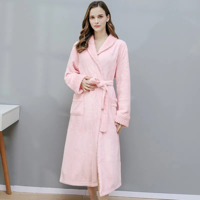 Gypsophila Coral Velvet Bathrobe — Warm Fleece Lounge Robe for Men and Women