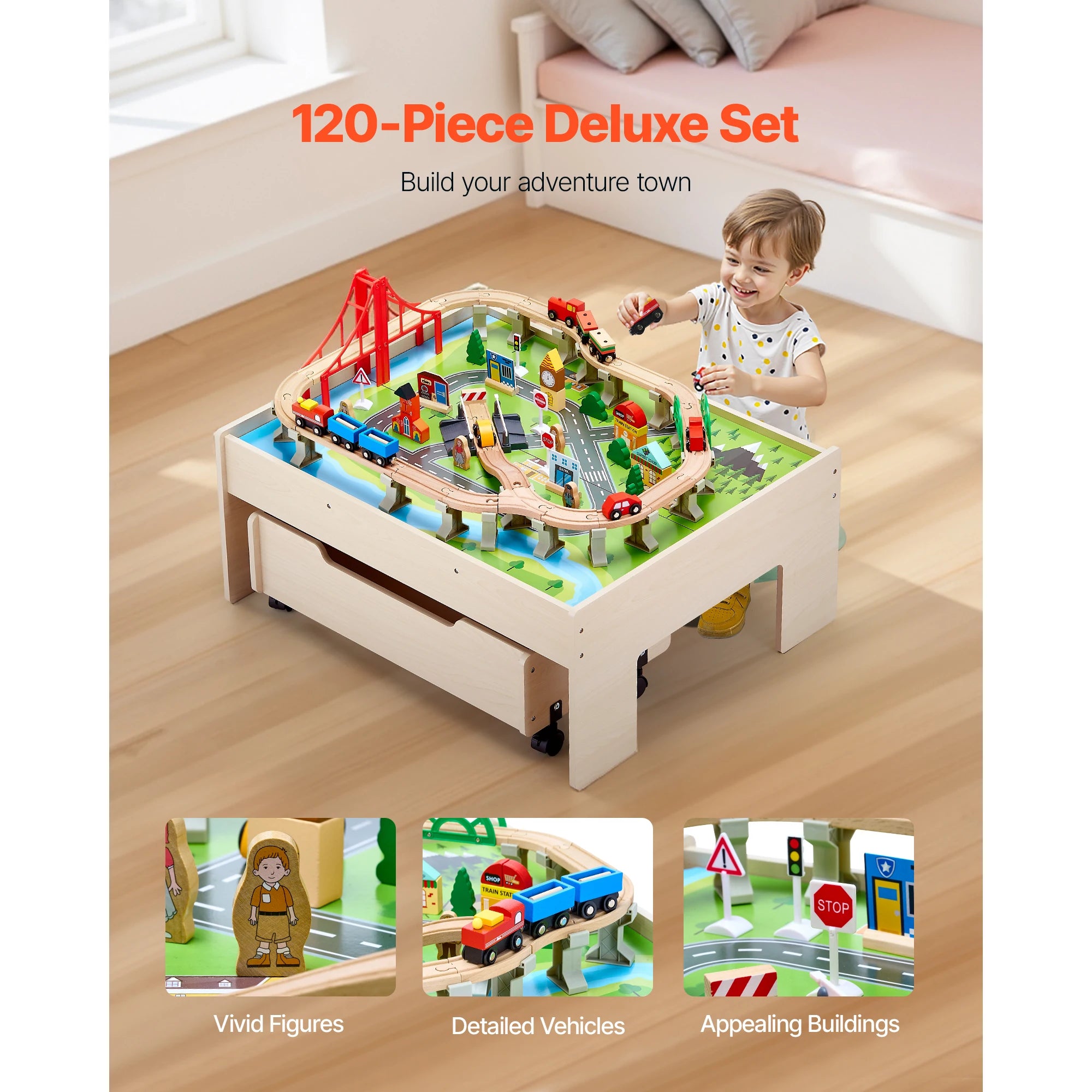 SucceBuy 3-in-1 Wooden Train Table — 100-Piece Activity Set with Storage