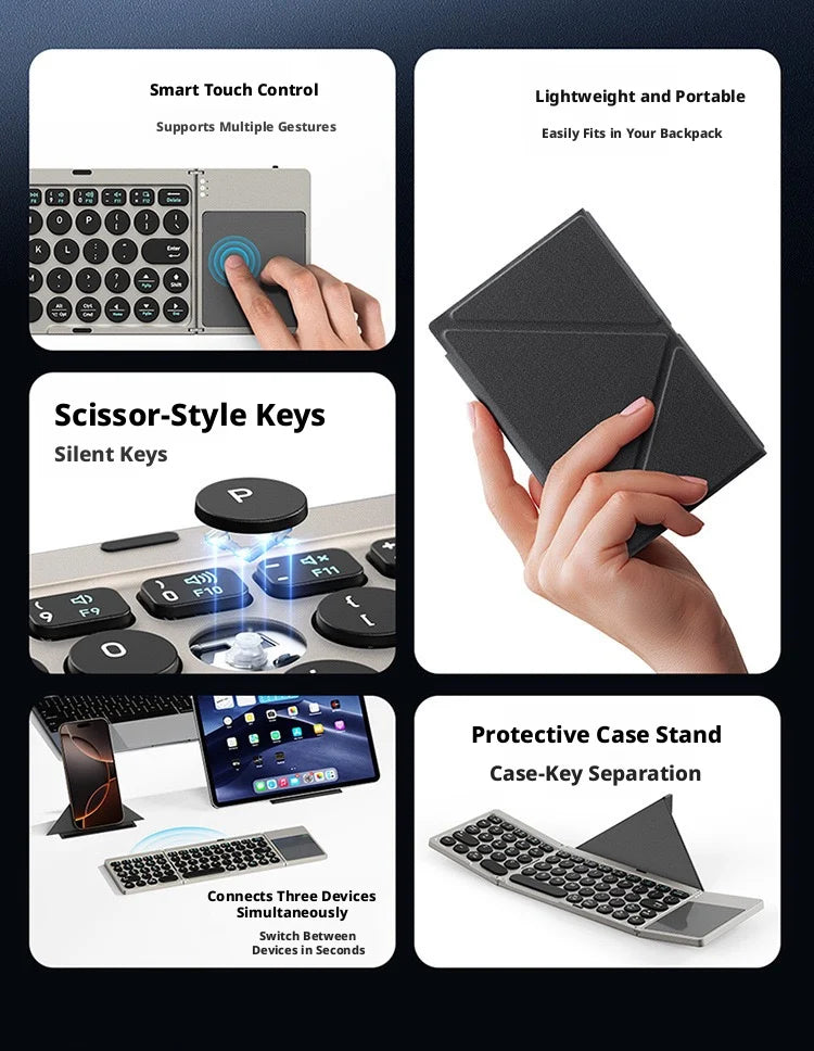 P+7 Three-Foldable Bluetooth Keyboard — Multi-Device Wireless Typing with Touchpad
