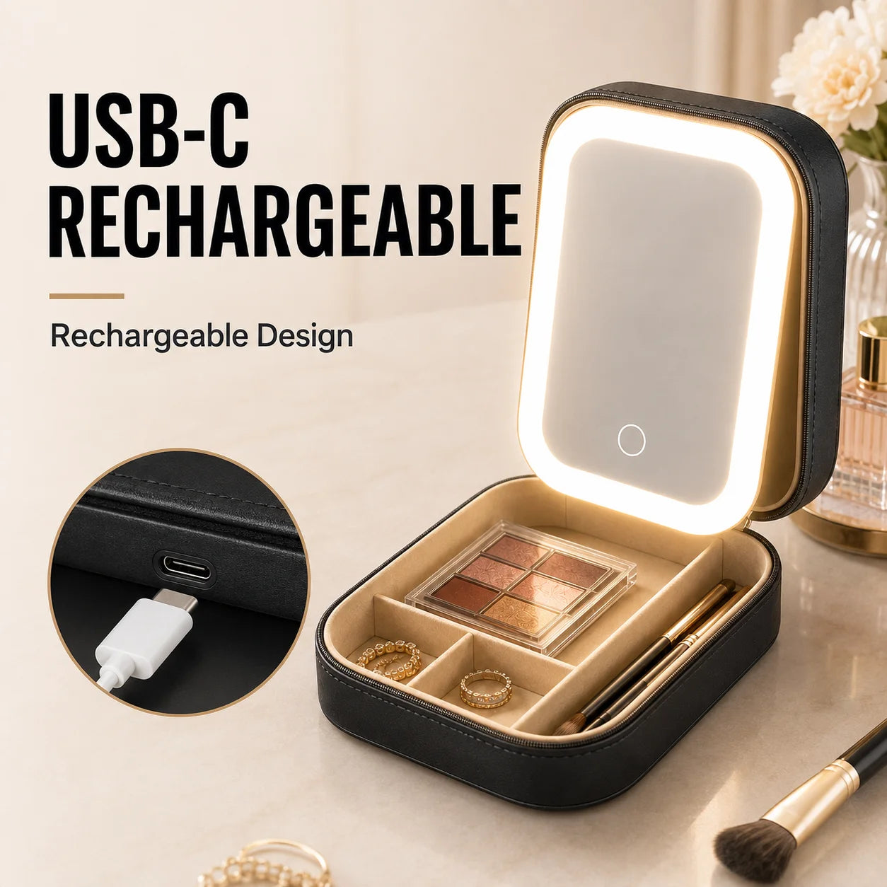 2-in-1 LED Makeup Mirror — Portable Jewelry Storage Box & Travel Light
