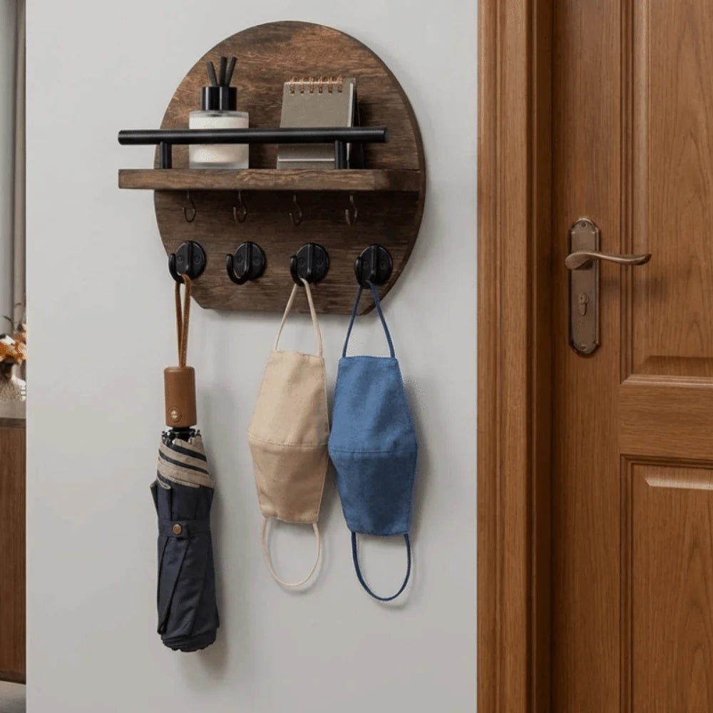 Retro Wall Mounted Key Holder — Decorative Wood Mail Organizer with Shelf