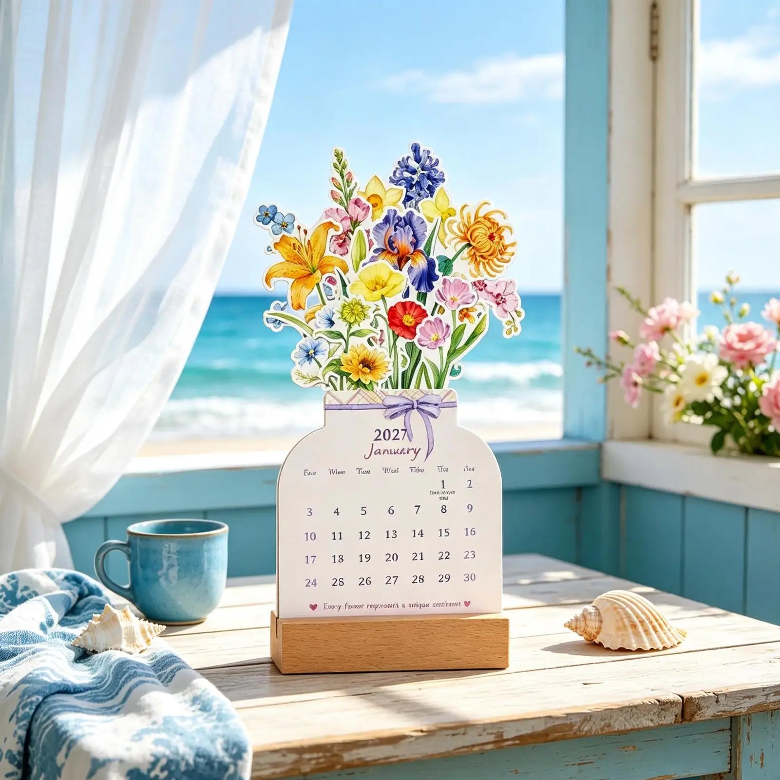 2027 Floral Desk Calendar — Monthly Planner with Wooden Vase Base