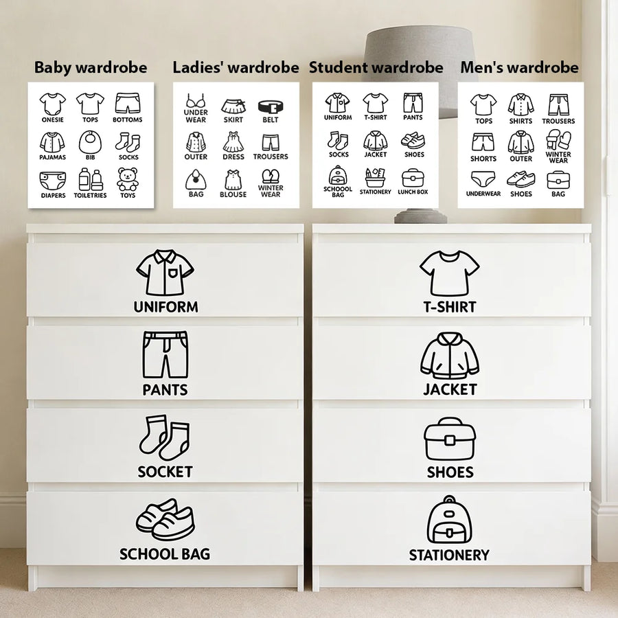Wardrobe Organizer Labels — Icon-Based Closet & Drawer Stickers
