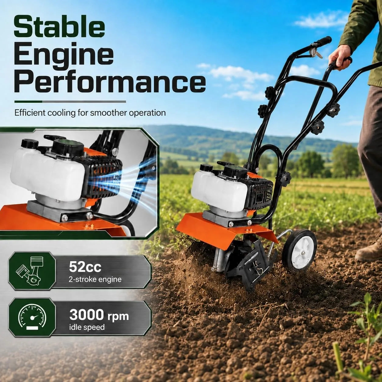 Gas Powered Garden Tiller — 52CC 2-Stroke Engine Soil Cultivator