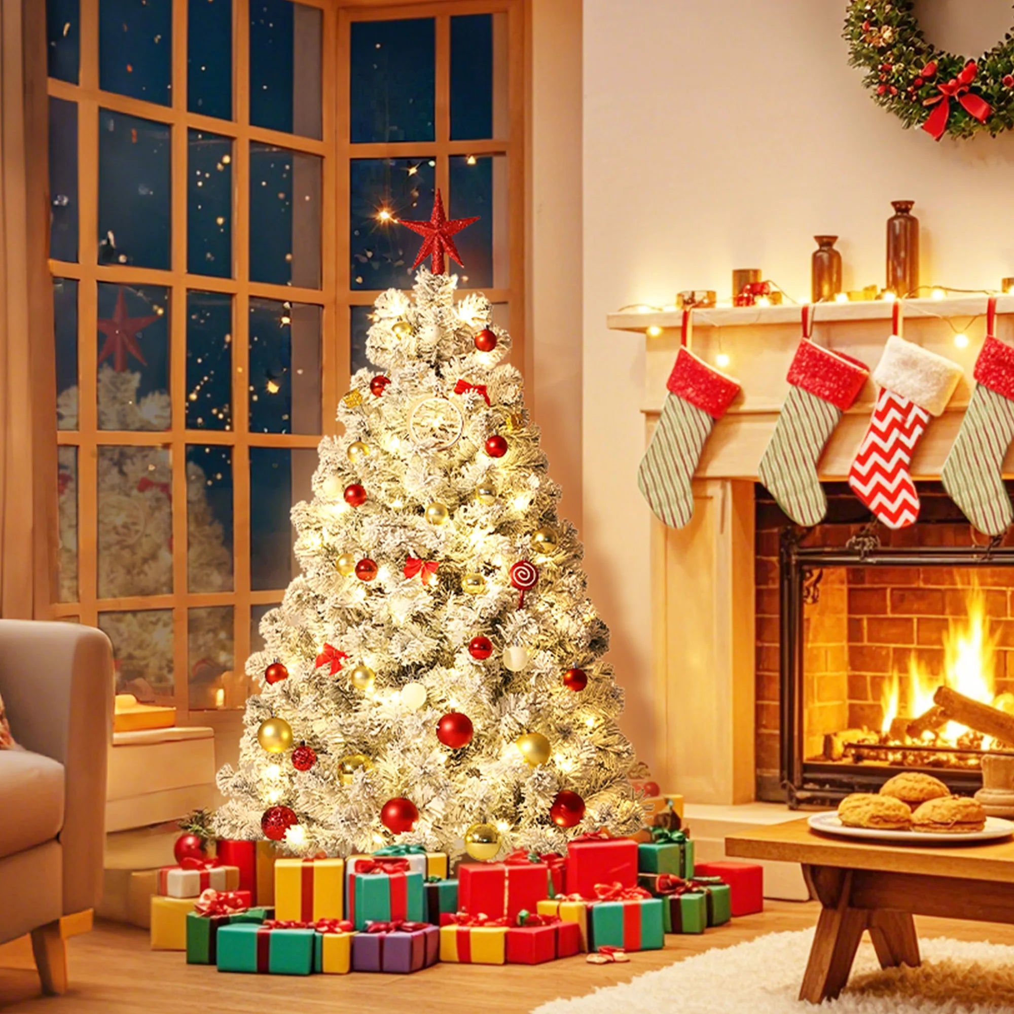 GAOMON Flocked Pre-Lit Artificial Christmas Tree — Snowy Fraser Fir Decor