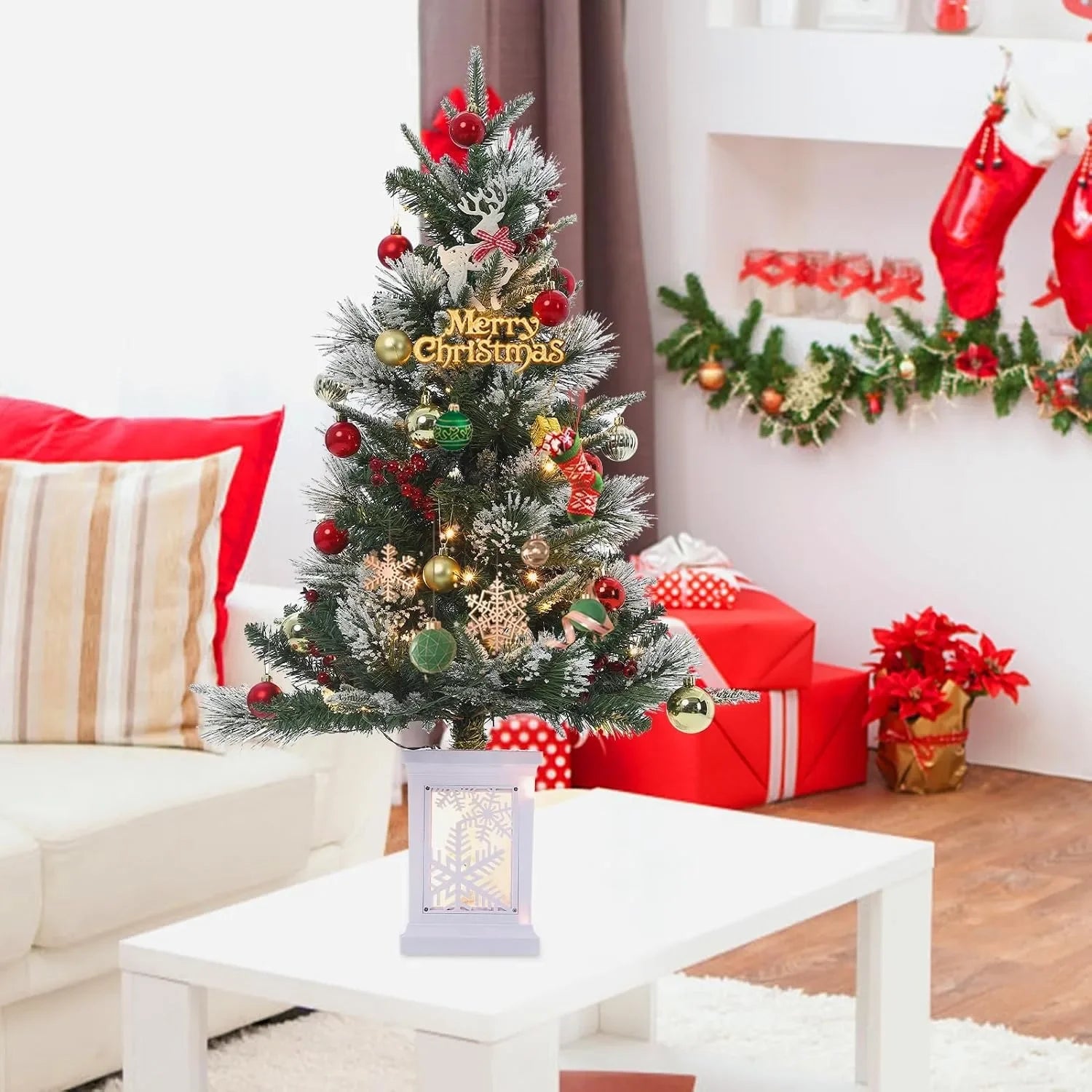Pre-Lit Mini Christmas Tree — 3FT Flocked Artificial Tree with LED Lights