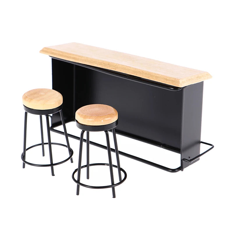 Miniature Bar Counter and Stool Set — 1:12 Scale Dollhouse Kitchen Furniture