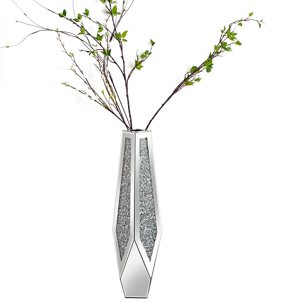 Crushed Diamond Mirrored Flower Vase — Large Standing Floor Decor