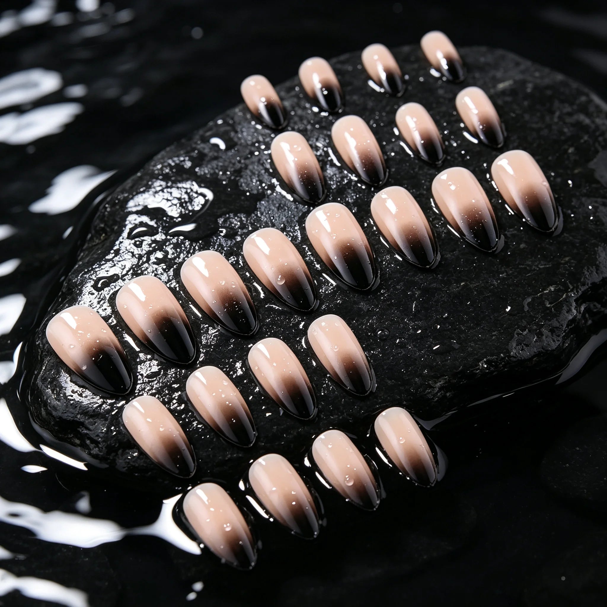 Short Almond Black French Gradient Press-On Nails — Reusable Halloween Party Set