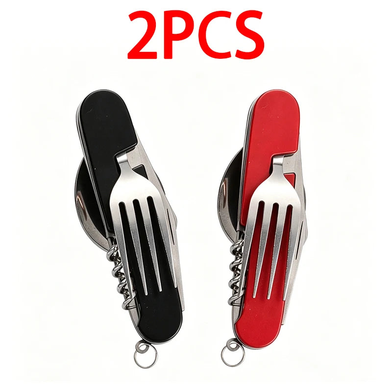 6-in-1 Stainless Steel Camping Cutlery Set — Portable Folding Outdoor Kit