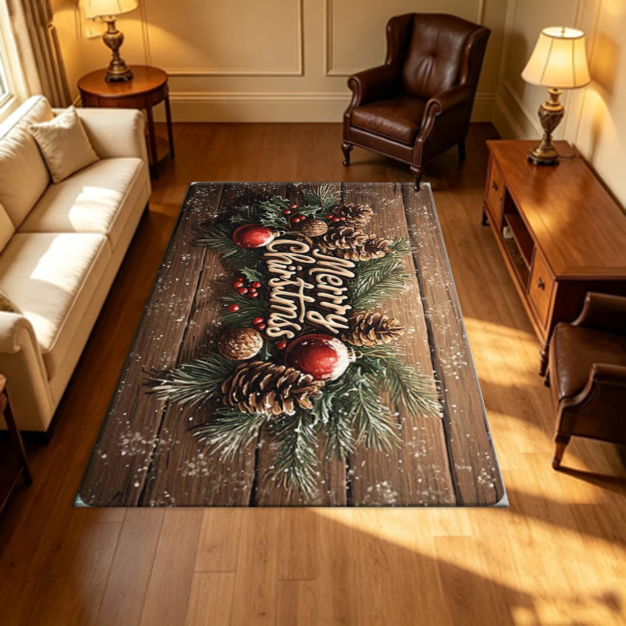 Wood Grain Christmas Holiday Area Rug — Festive Pine Cone & Berry Design