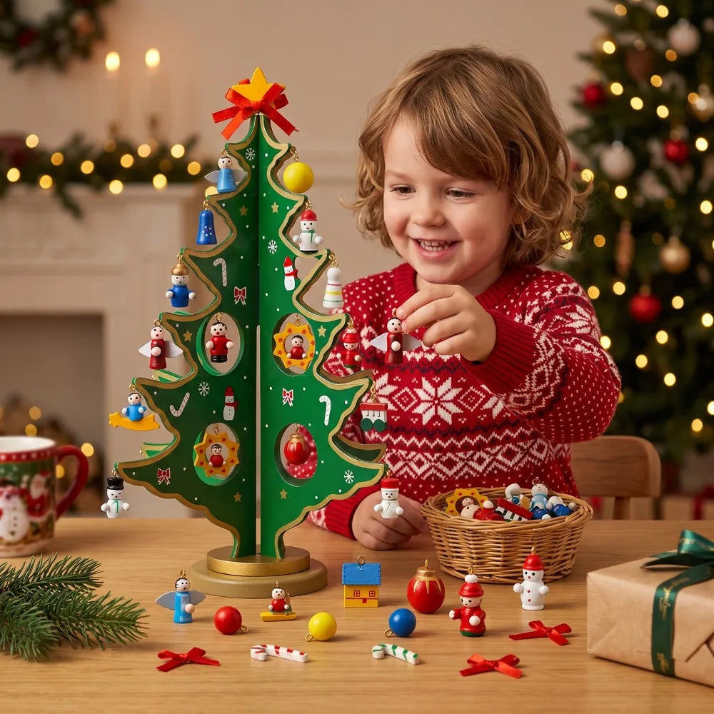 Joyfy Christmas Advent Calendar — Wooden Tabletop Tree with 28 Ornaments