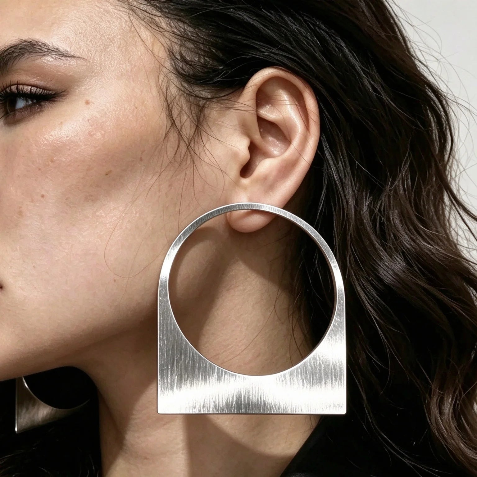 Obega Geometric Brushed Metal Hoop Earrings — Modern Square and Circle Drop Style