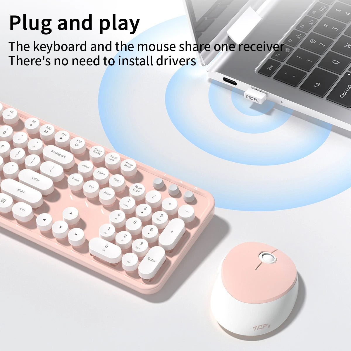 MOFii Wireless Keyboard and Mouse Combo — Retro Round Keycaps, Cute Design