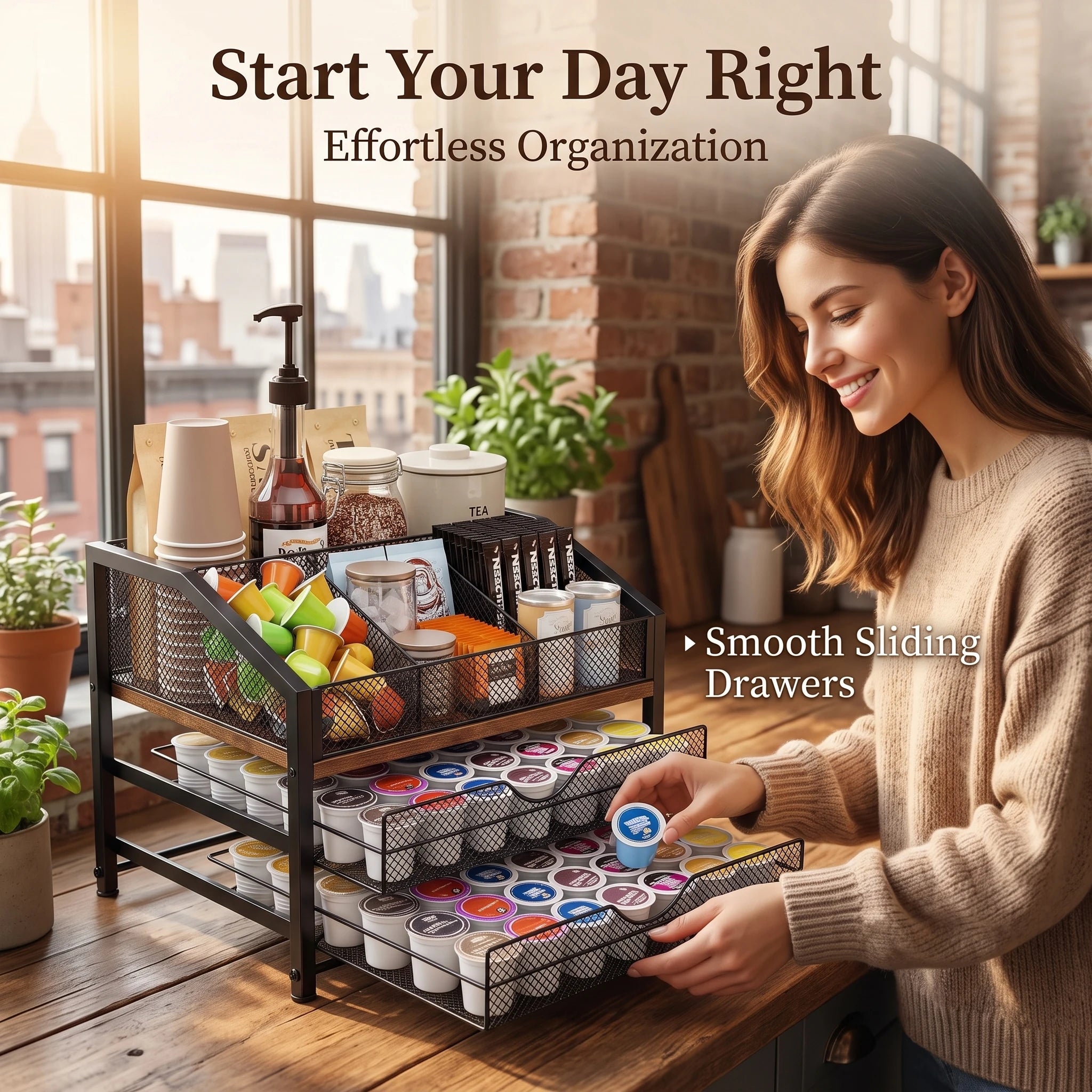 Coffee Bar Organizer — Metal and Wood Station for Countertop
