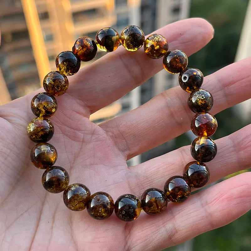 Yoowei Natural Baltic Amber Bracelet — Round Piebald Gemstone Jewelry