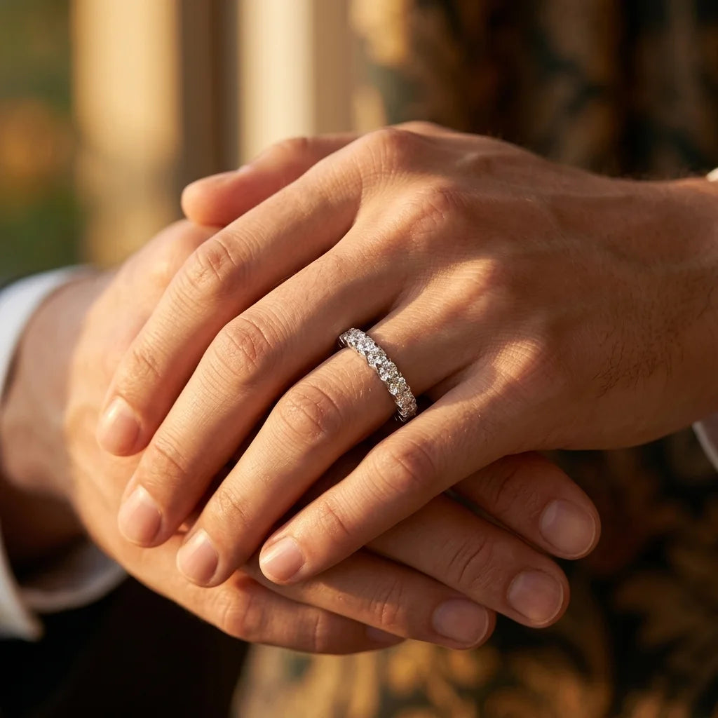 Moissanite Ring — Sterling Silver Wedding Band