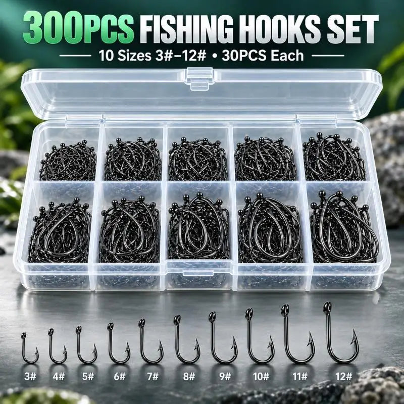 300-Piece Fishing Hook Set — High Carbon Steel Barbed Hooks with Storage Box