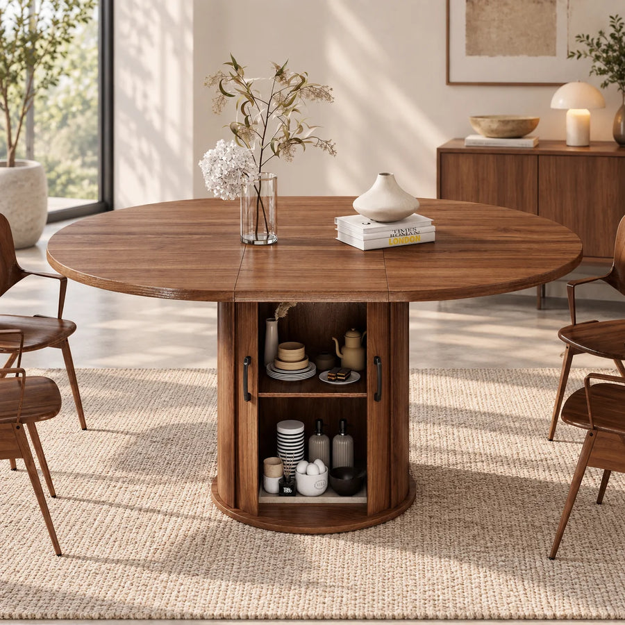 Modern Extendable Dining Table — Round to Oval Design with Storage