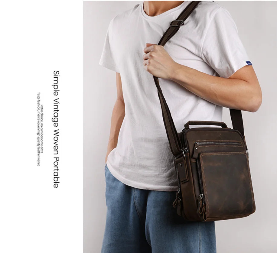 Men's Vintage Genuine Leather Crossbody Bag — Large Capacity Shoulder Messenger