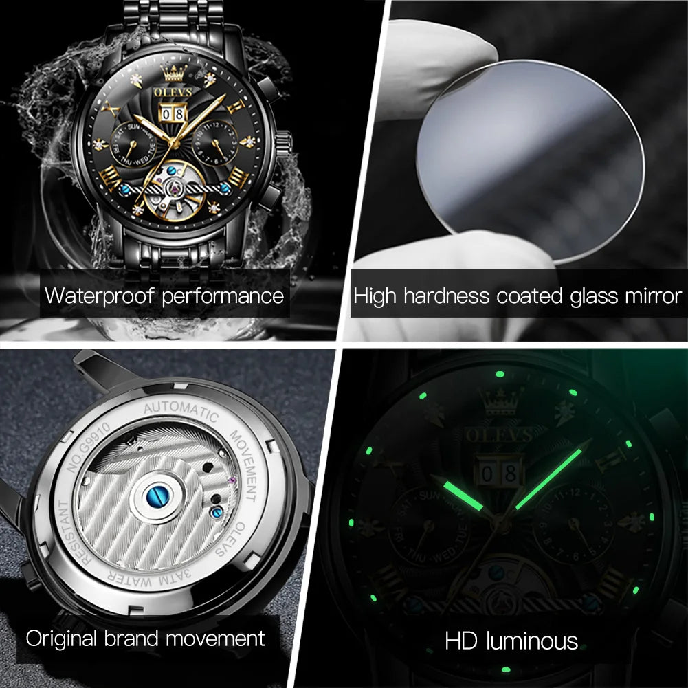 OLEVS Classic Men's Automatic Watch — Luxury Skeleton Tourbillon Design