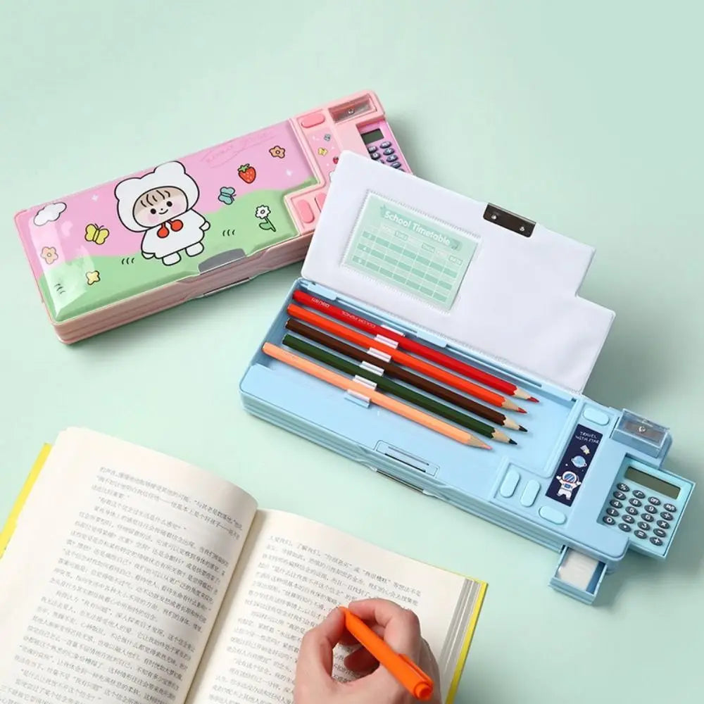 Multifunctional Plastic Pencil Case — Built-in Calculator and Sharpener