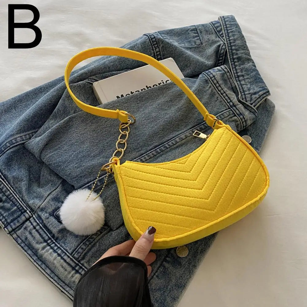 Mini Felt Shoulder Bag — Stylish Underarm Handbag with Pom-Pom Detail