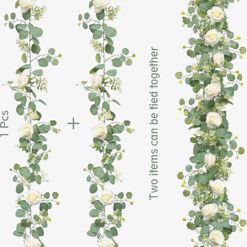 Artificial Eucalyptus Garland with White Flowers — Decorative Vine for Weddings & Home Decor