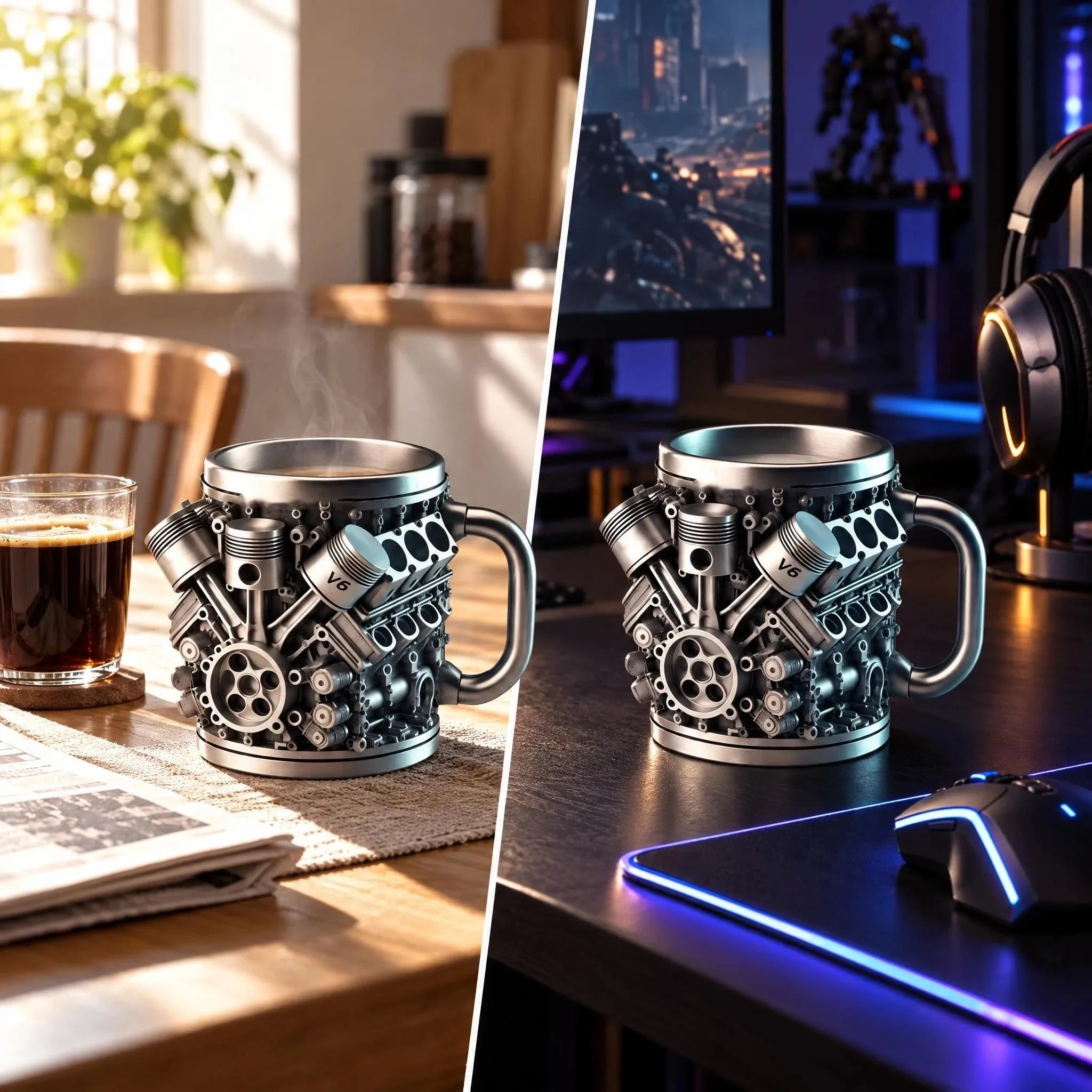 V6 Engine Stainless Steel Coffee Mug — 3D Mechanical Car Design