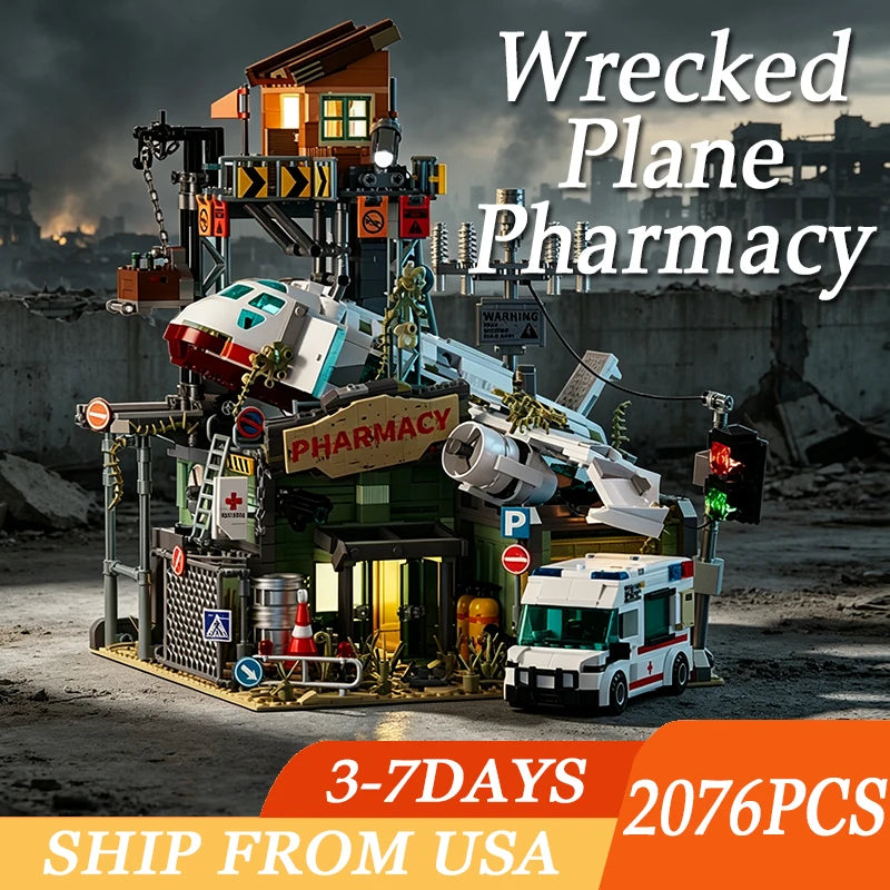 Wrecked Plane Pharmacy Building Blocks Set — 2076PCS DIY City Street Model