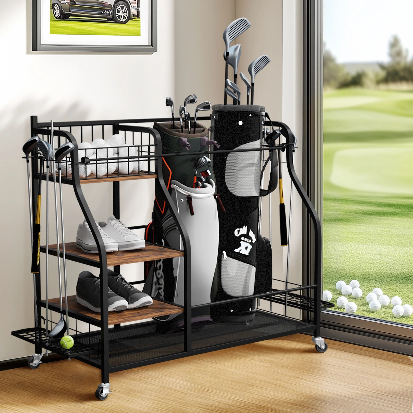 Multifunctional Rolling Golf Bag Organizer — Metal Sports Equipment Storage Rack