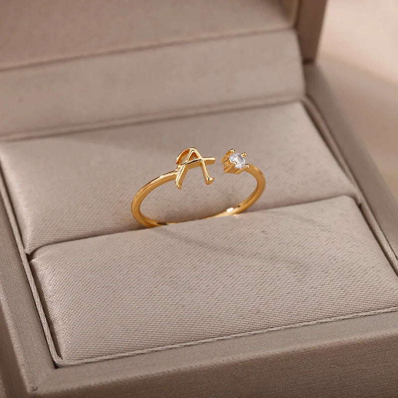ICFTZWE Zircon Initial Letter Rings — Adjustable Stainless Steel Jewelry