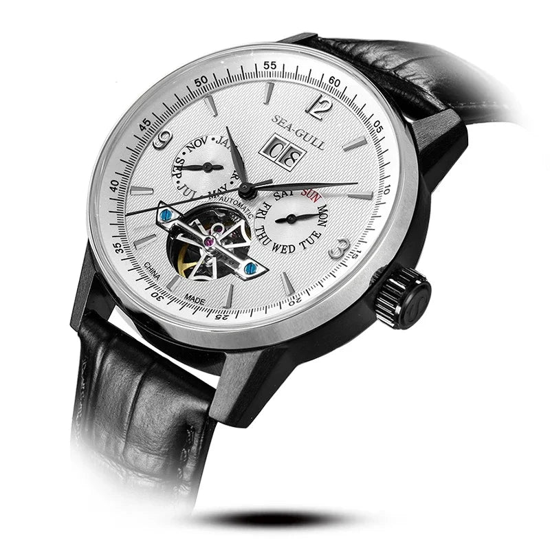 Sea-Gull Men's Automatic Skeleton Watch — Mechanical Flywheel & Calendar