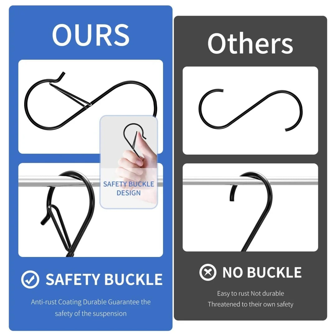Stainless Steel S-Shaped Hooks — Heavy Duty Hanging Clips with Safety Buckles