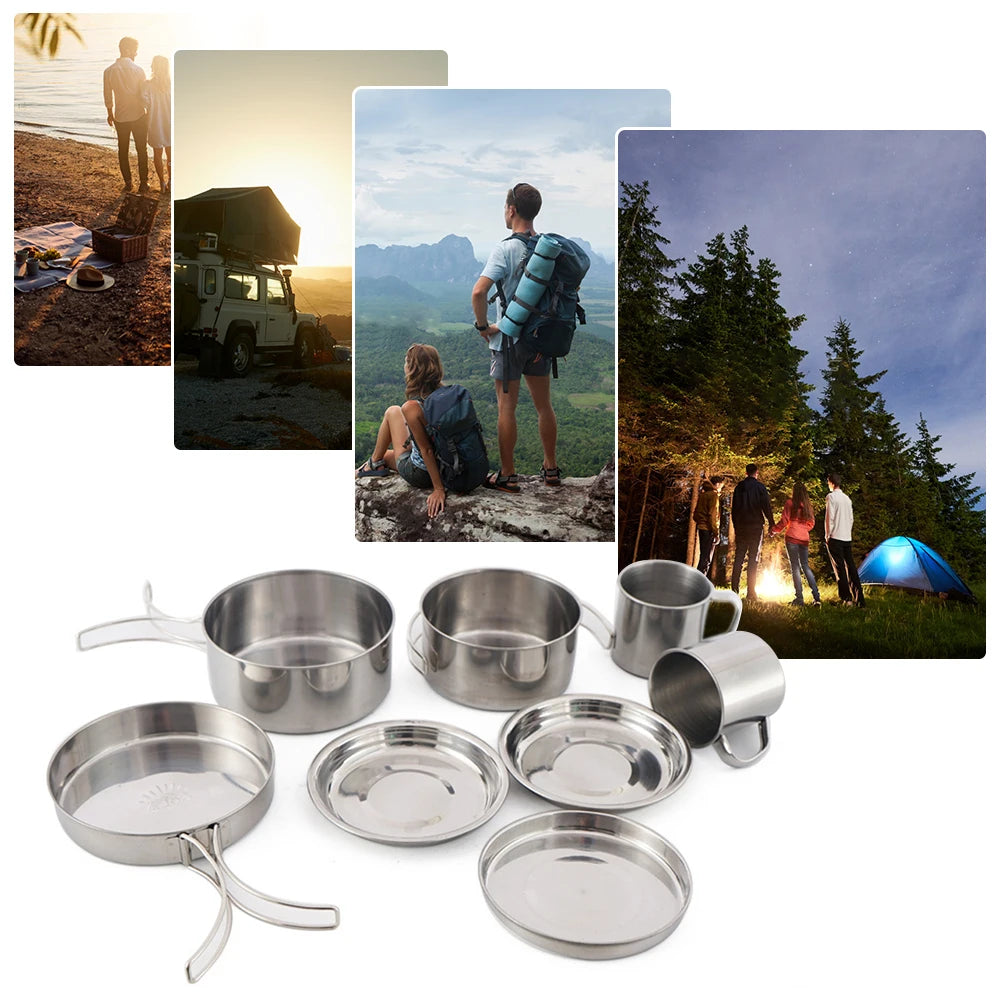 Stainless Steel Camping Cookware Set — 8-Piece Mess Kit for Outdoor Dining