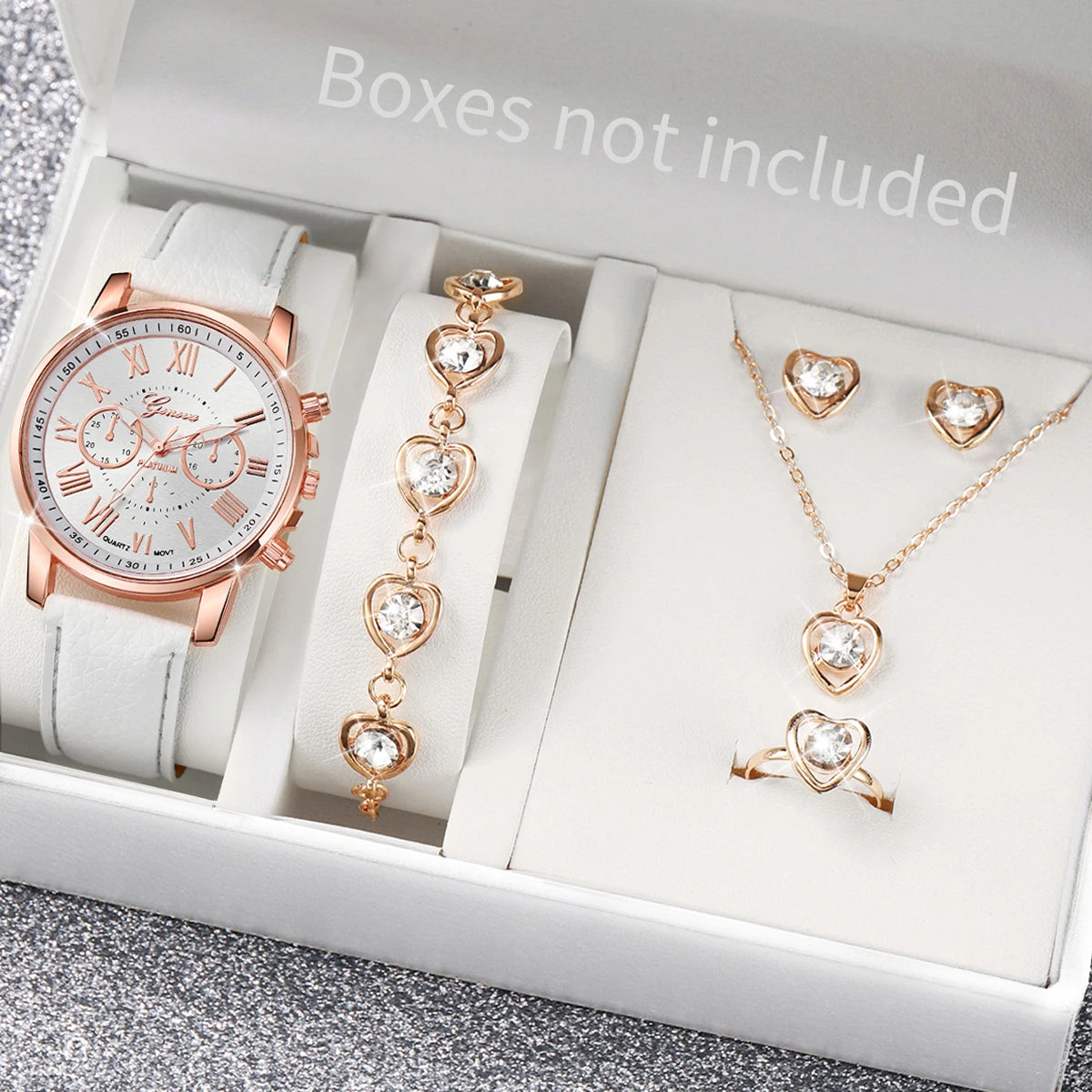Women's Quartz Watch and Jewelry Set — Elegant Rhinestone Heart Accessories