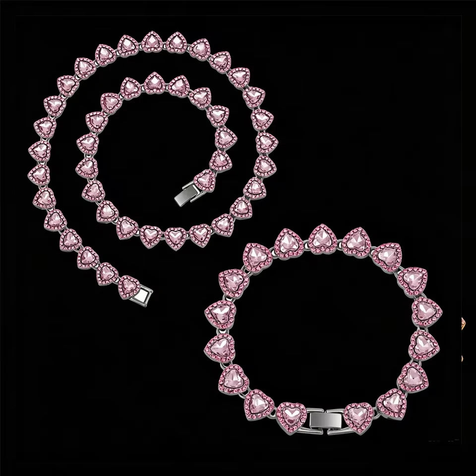 Hip Hop Rhinestone Heart Jewelry Set — Tennis Chain Necklace and Bracelet