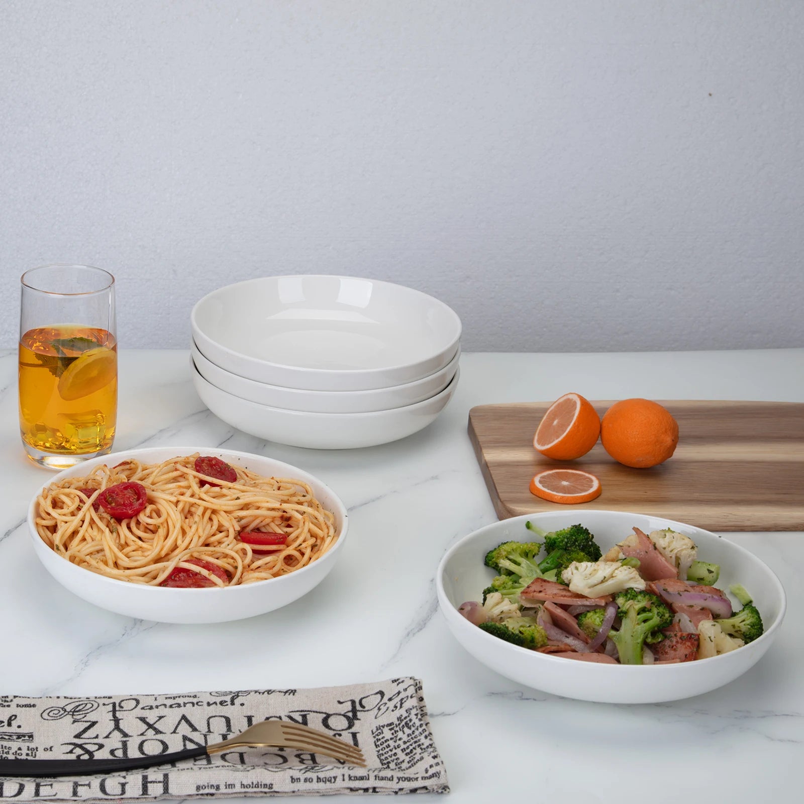Ceramic Pasta Bowls Set — 6-Piece Large Shallow Serving Dishes, White