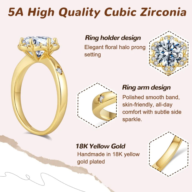 YUKOOL Flower Shaped CZ Engagement Ring — 18K Gold Plated Floral Solitaire